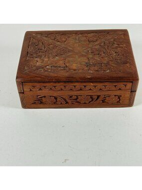 Vintage Wooden Trinket Jewel Box Carved Floral Design Handcrafted India Archana